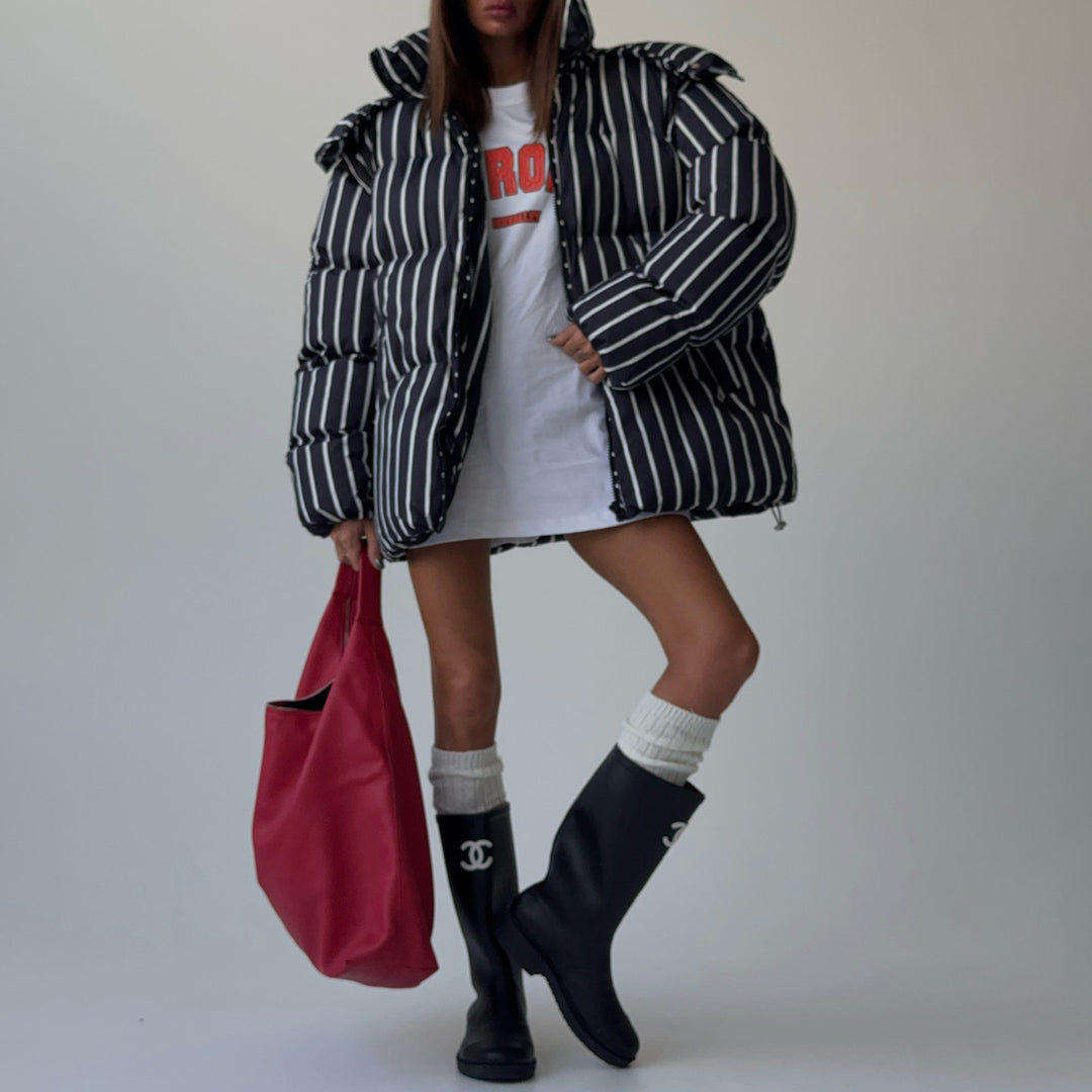 Striped down jacket for women with high collar and oversized cut Lune London