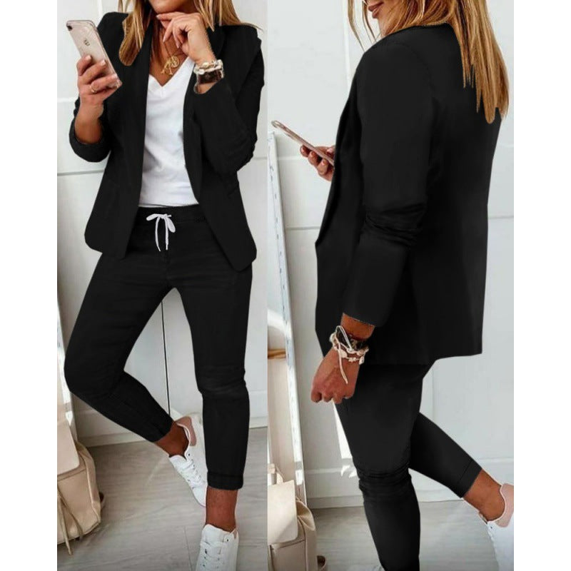 Women's Two-Piece Stretch Jersey Blazer Set with Drawstring Jogging Pants Amarae