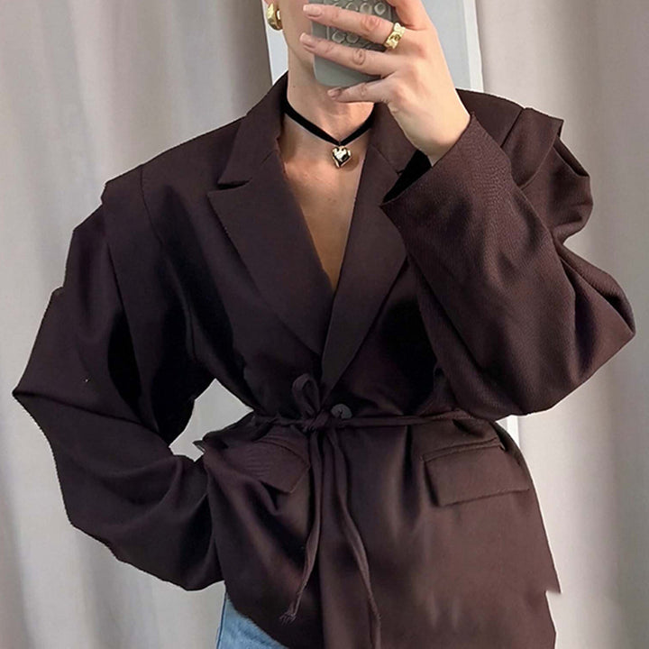 Ladies Tailored Wrap Blazer with Shoulder Pads and Tying Belt Amarae