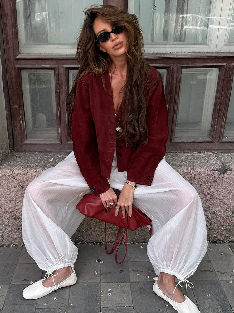 Women short-cut suede jacket with button placket and straight cut Amarae