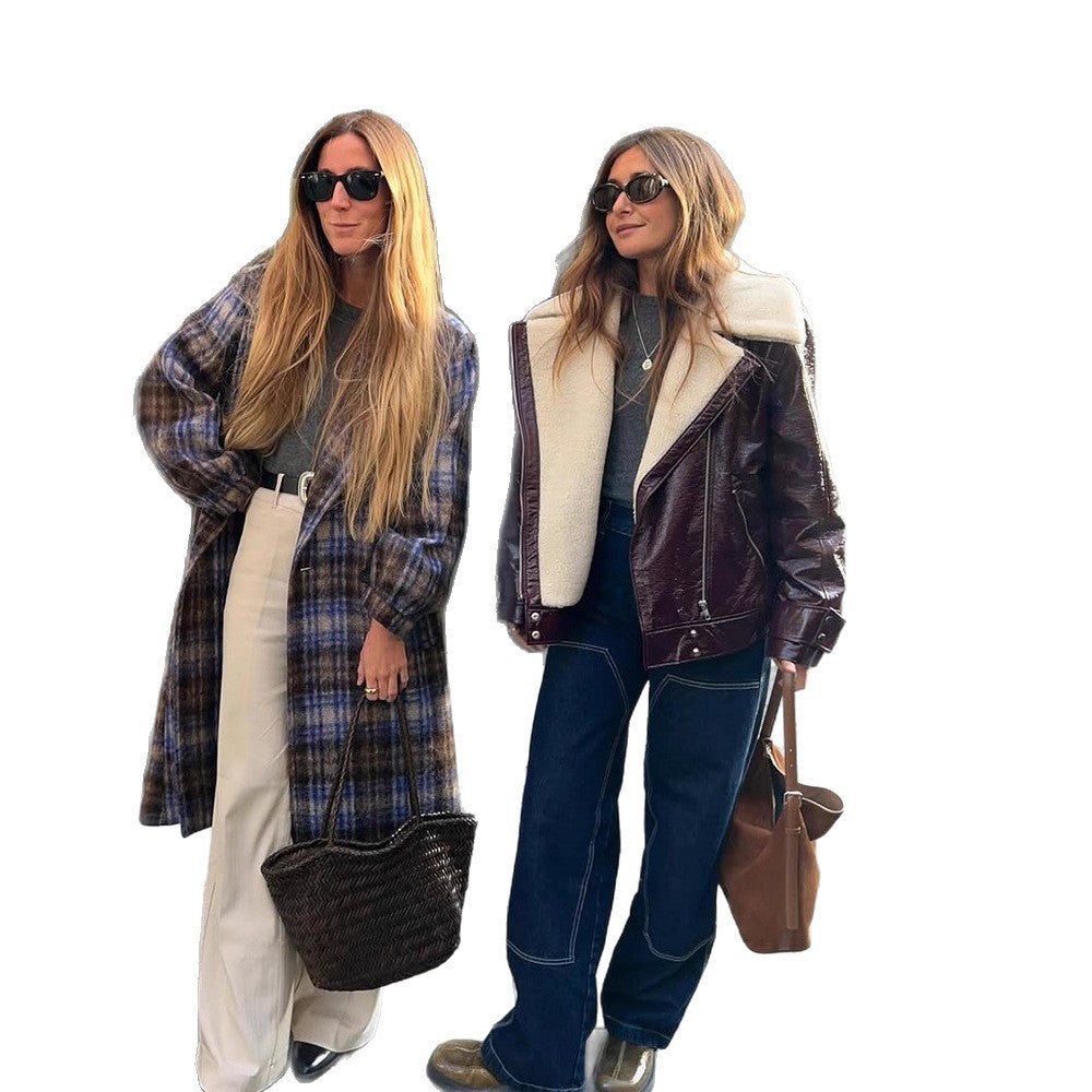Women's Patent Leather Biker Jacket with Sherpa Lining and Oversized Cut Amarae