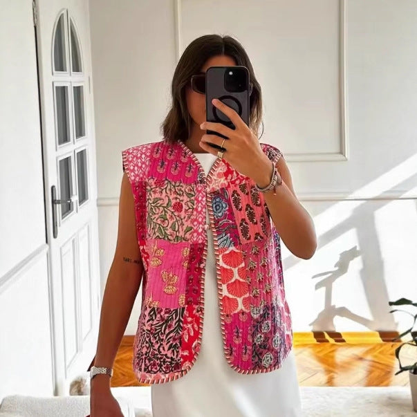 Women Quilted Vest with Romantic Toile Print, Striped Interior and Tie Ribbon Amarae