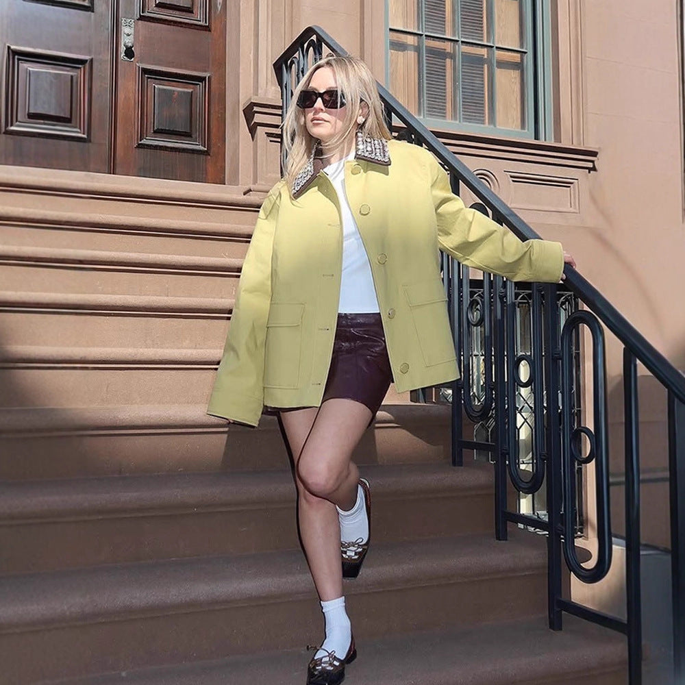Women's Boxy Transitional Jacket with Embellished Decorative Collar and Patch Pockets Amarae