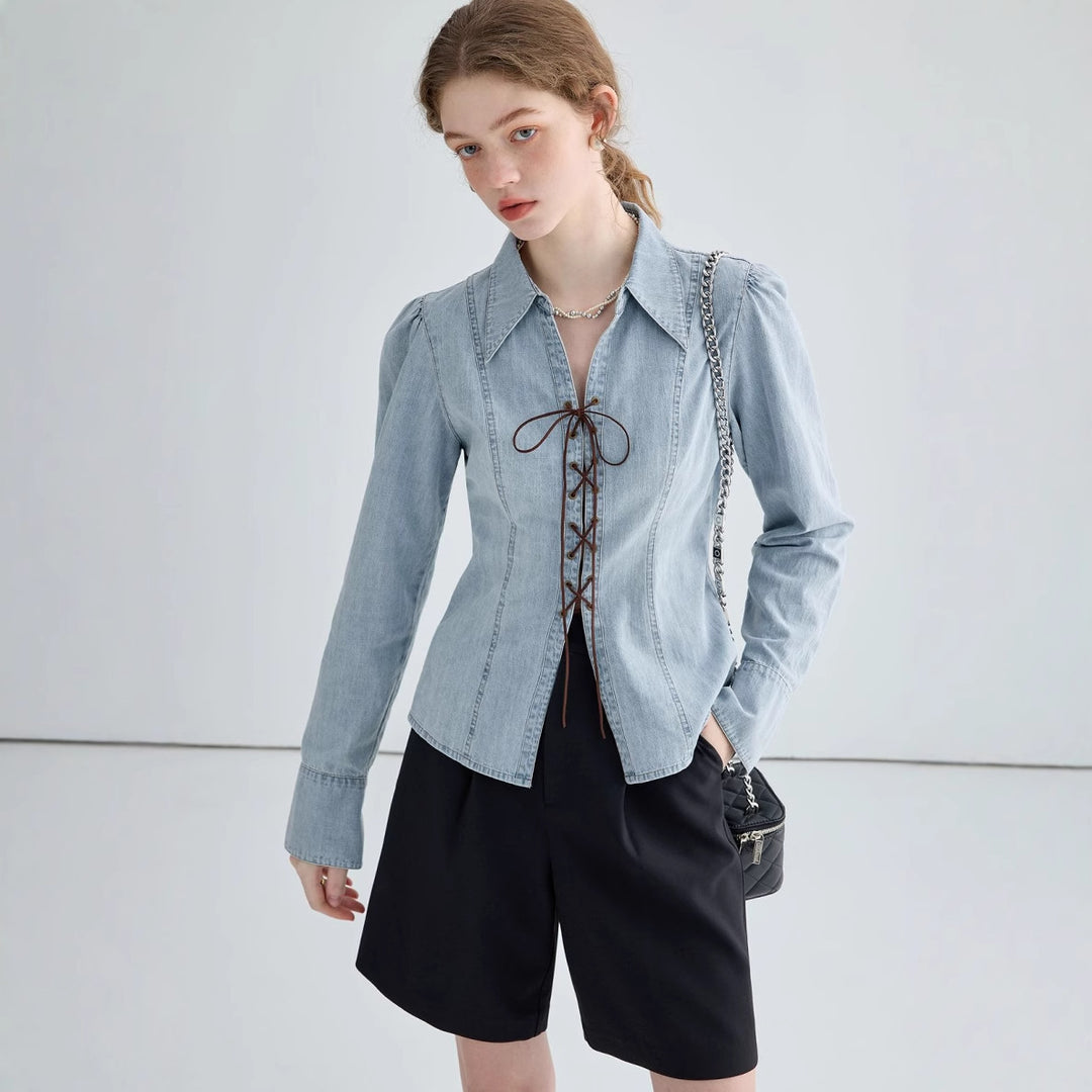 Elegant denim blouse for women with lace closure Lune London