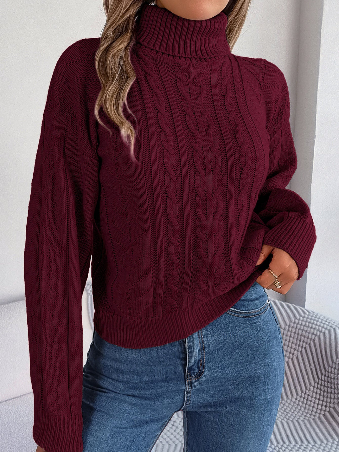 Lune London | Women's Cozy Knit Sweater with Stand-Up Collar and Cable Pattern