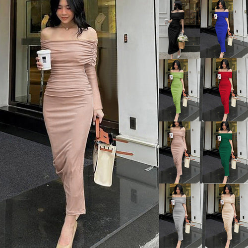 Women’s maxi dress with off-shoulder straps, ruffles, and elastic waist Amarae
