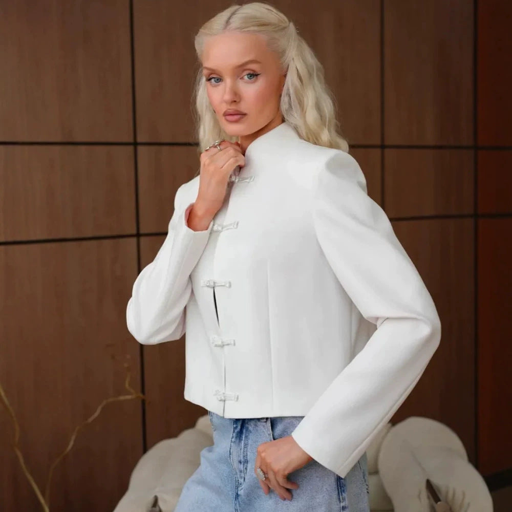 Women's Short Blazer with Mandarin Collar and Decorative Knot Closures Amarae
