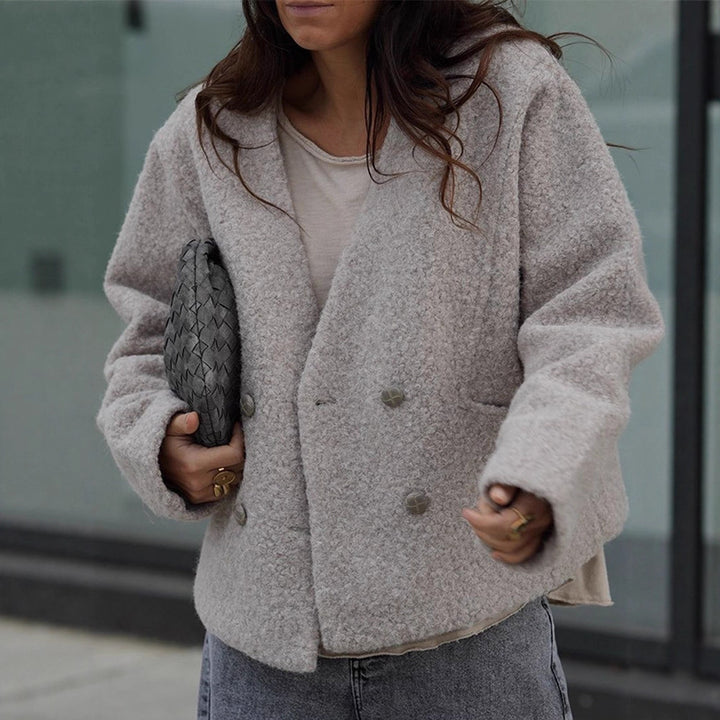 Women Short Teddy Jacket with Double Button Closure and V-Neck Amarae