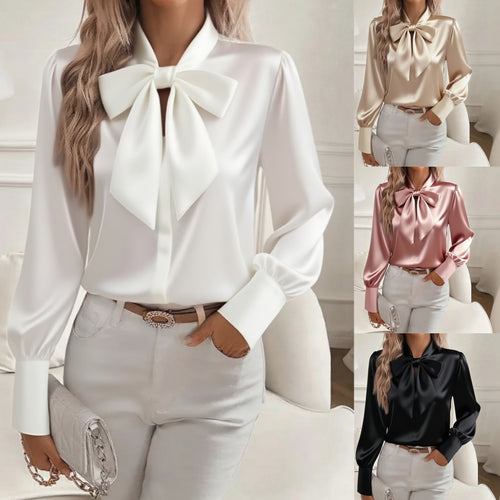 Women elegant satin blouse with bow collar and puff sleeves Amarae