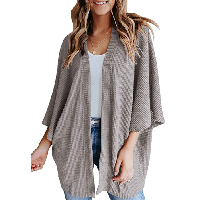Ladies Waffle Knit Open Kimono Cardigan with Batwing Sleeves Amarae