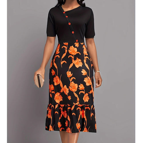 Ladies Elegant Dress with Floral Pattern and Amarae Button Details