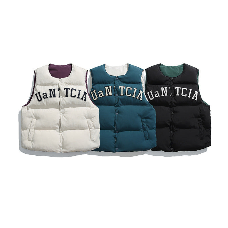 Unisex Padded Quilted Vest in Boxy Cut with Snap Button Closure and College Logo Print Amarae