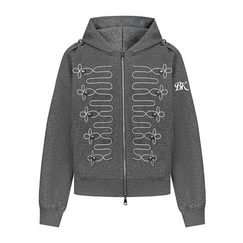 Women's hooded sweatshirt jacket with decorative frogging embroidery and pearl buttons Amarae
