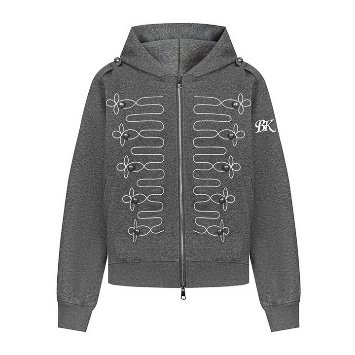 Women's hooded sweatshirt jacket with decorative frogging embroidery and pearl buttons Amarae