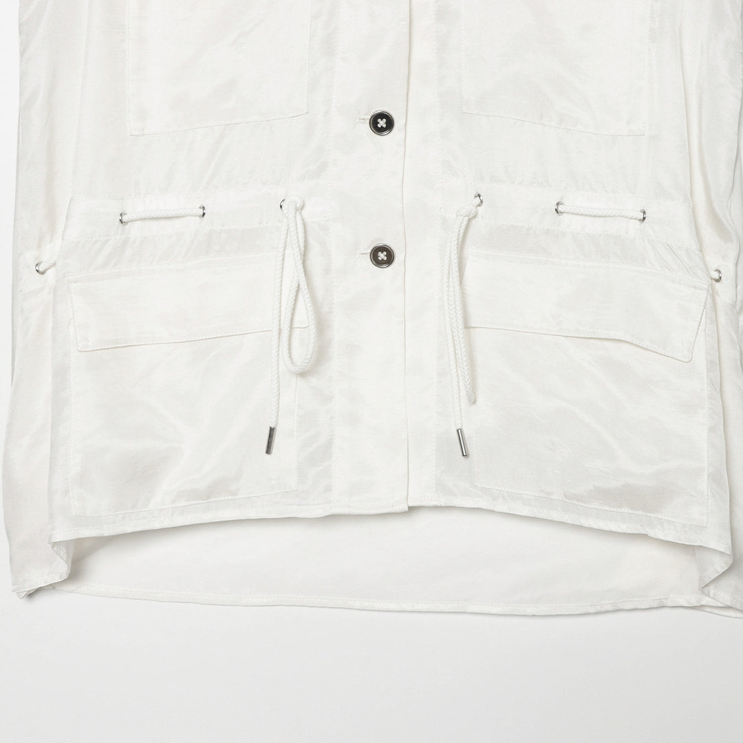 Women's utility vest with stand-up collar, button placket, drawstring, and patch pockets Amarae