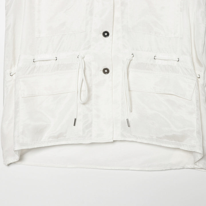 Women's utility vest with stand-up collar, button placket, drawstring, and patch pockets Amarae