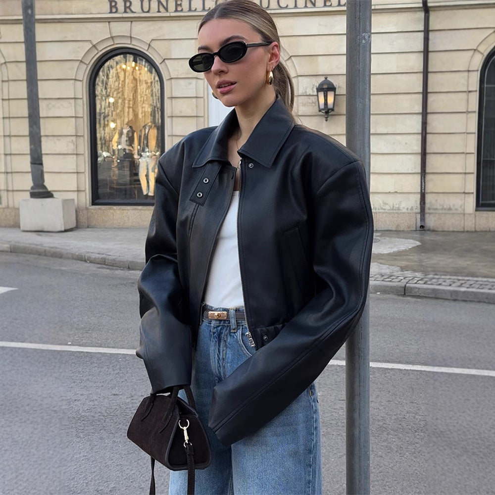 Women's Cropped Oversized Leather Jacket with Shirt Collar, Cropped Silhouette and Extra-Wide Sleeves Amarae