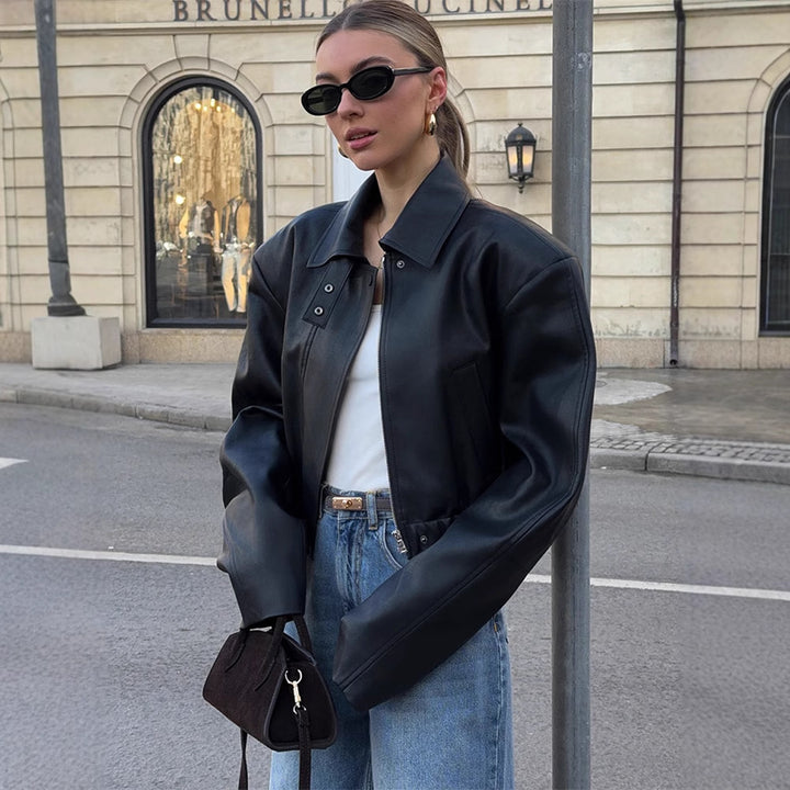 Women's Cropped Oversized Leather Jacket with Shirt Collar, Cropped Silhouette and Extra-Wide Sleeves Amarae