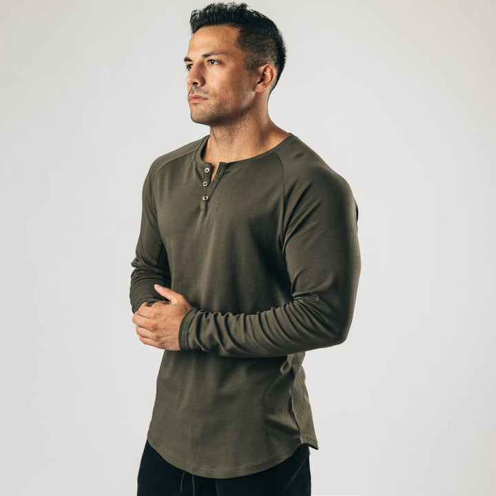 Men's Long Sleeve Henley T-shirt with a high-quality cotton blend and a buttoned collar Lune London