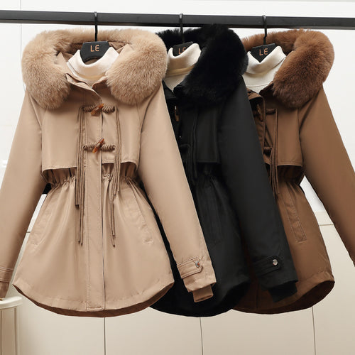 Ladies winter down jacket with a removable faux fur collar and a drawstring waist Amarae