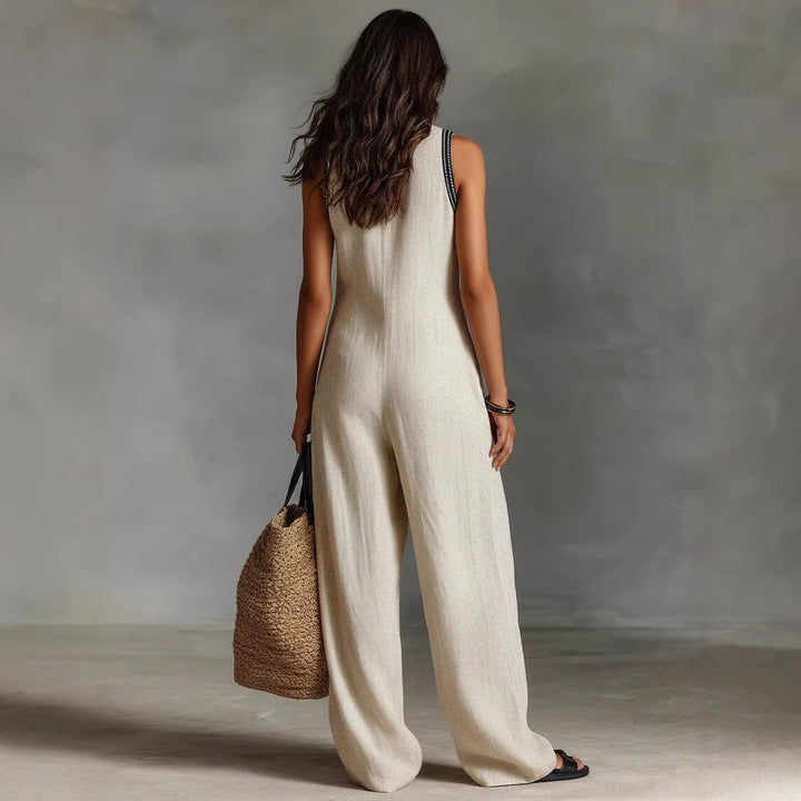 Women's airy jumpsuit with elegant V-neck and embroidered collar Lune London