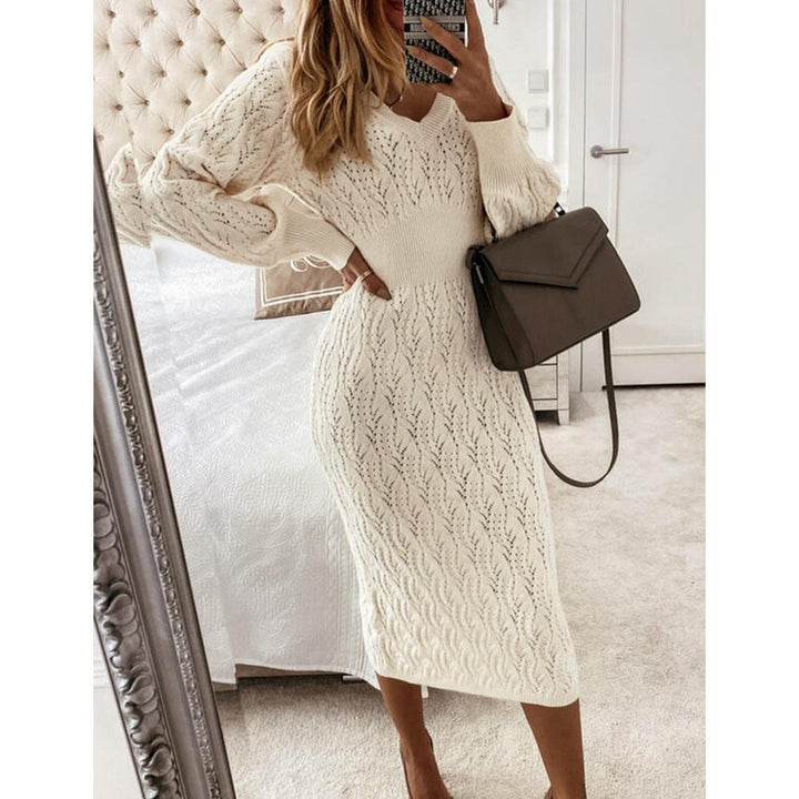 Knitted dress for women with semi-transparent pattern and elegant V-neck Lune London