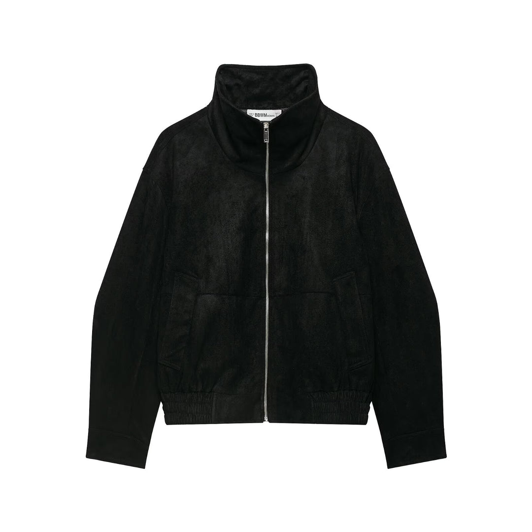 Women's suede look bomber jacket with funnel neck and elastic hem