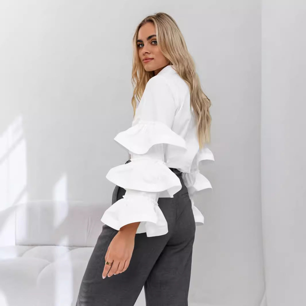 Blouse for ladies with button placket and ruffled sleeves Lune London