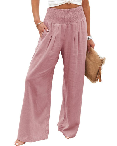 Women's Wide Linen Trousers with Elastic Waistband and Pleats Amarae