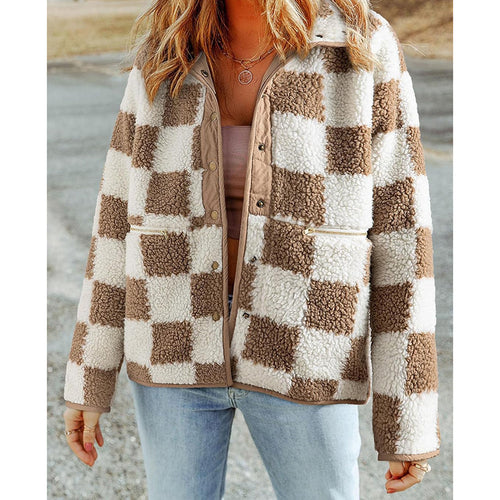 Ladies Cozy Wool Jacket with Modern Square Patterns Amarae