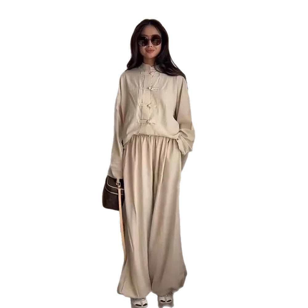 Women Two-Piece Oversize Lounge Set with Stand-Up Collar and Decorative Knot Closures Amarae