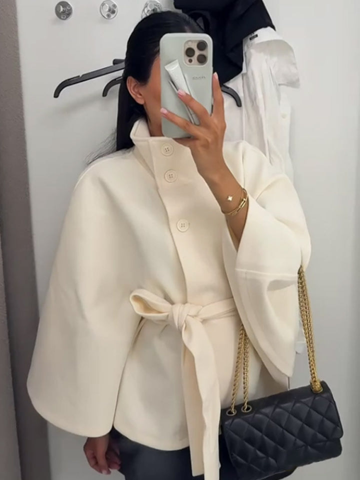 Women Elegant Wool Cape with Waist Belt, Standing Collar and Concealed Button Placket Amarae