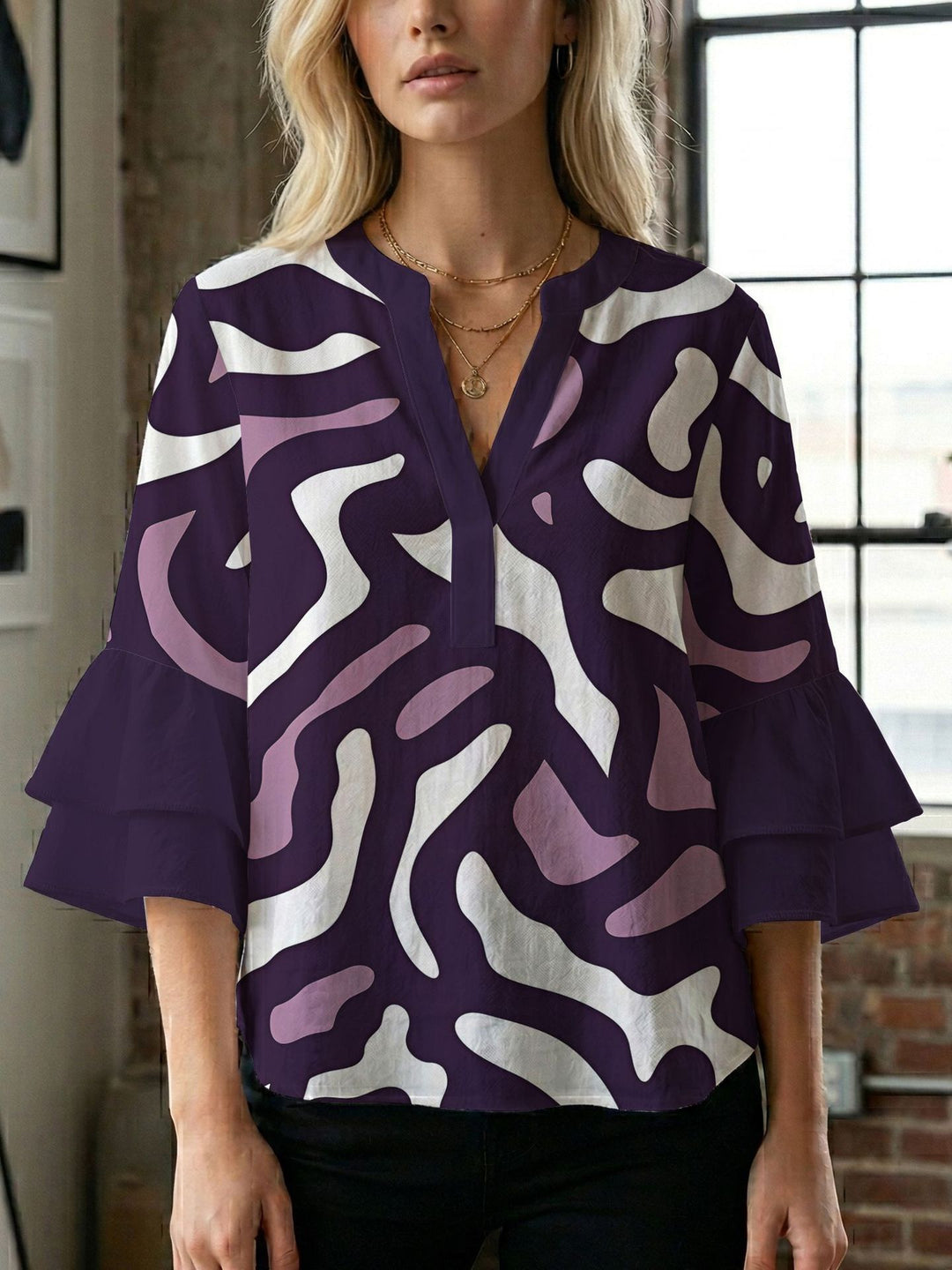 Women's blouse shirt with voluminous sleeves and creative print design Lune London