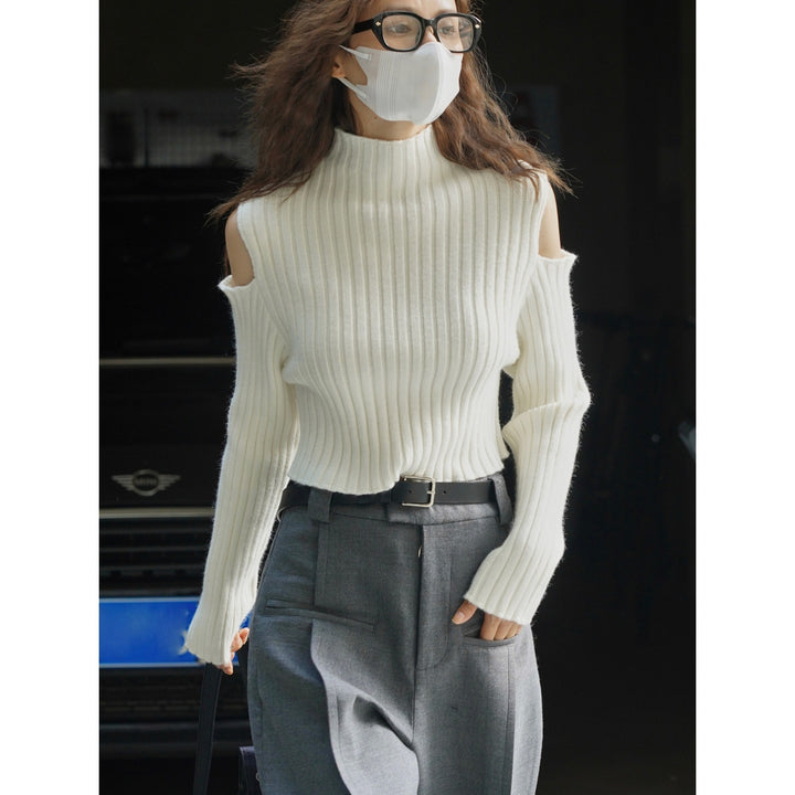 Women Shaping Ribbed Top with High Collar and Cut-Out Shoulder Amarae