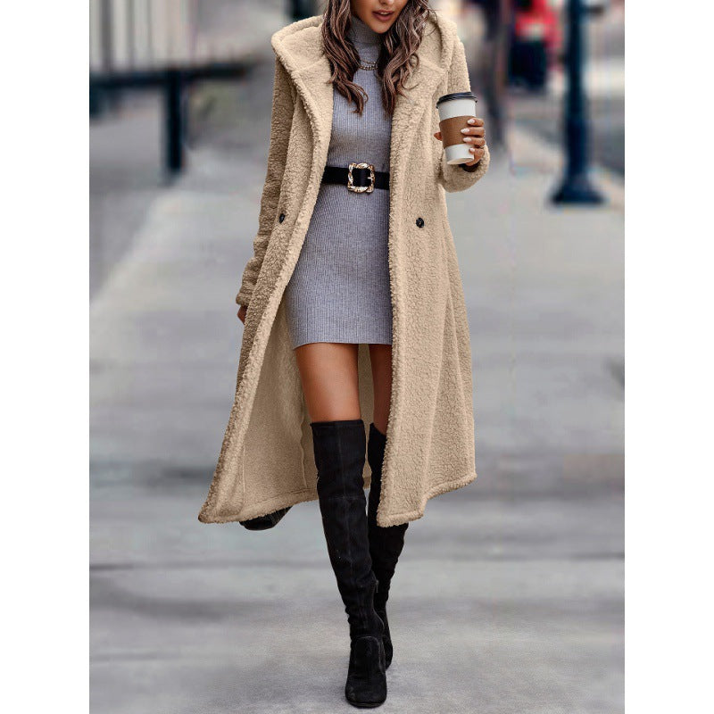 Women's Maxi Length Teddy Coat with Hood and Double Button Placket Amarae