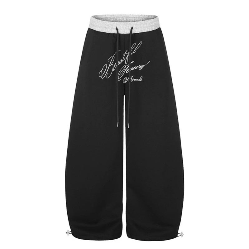Women's Wide Culotte Sweatpants with High Waist, Drawstring, and Elegant Script Print