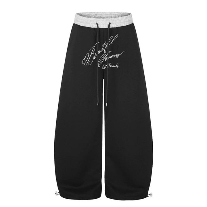 Women's Wide Culotte Sweatpants with High Waist, Drawstring, and Elegant Script Print