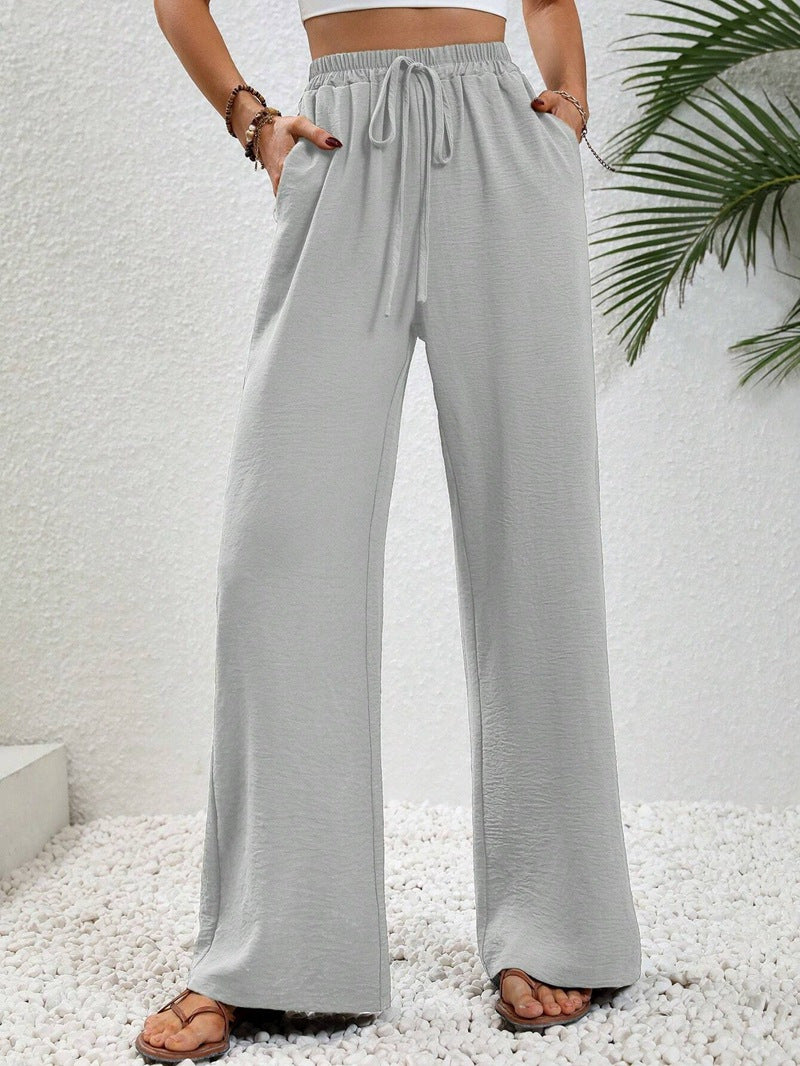 Women's Light Palazzo Pants with Elastic Waistband, Drawstring, and Side Pockets Amarae