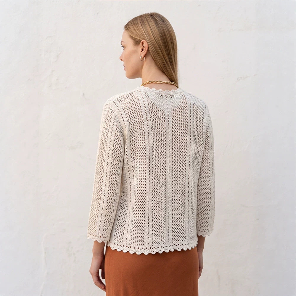 Women's crocheted short jacket with wavy hem, open front & 3/4 sleeves Amarae