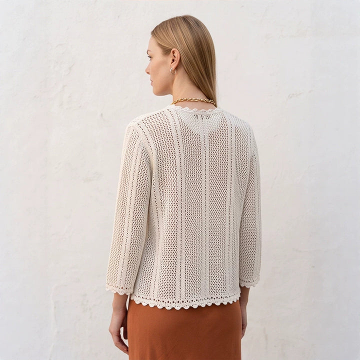 Women's crocheted short jacket with wavy hem, open front & 3/4 sleeves Amarae