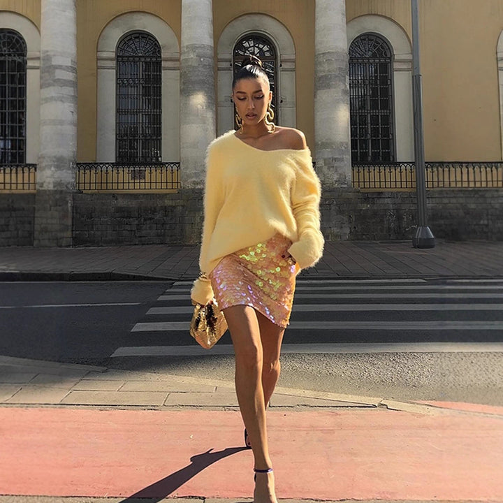 Women Cozy Oversized Mohair Sweater with V-Neck and Extended Back Hem Amarae