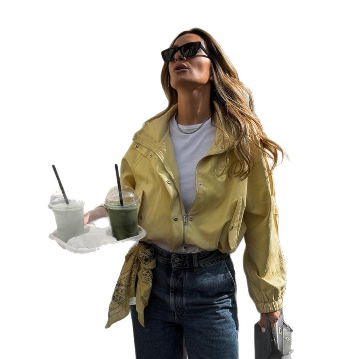Women's Short Satin Look Bomber Jacket with Zipper, Snap Buttons & Elastic Cuffs Amarae