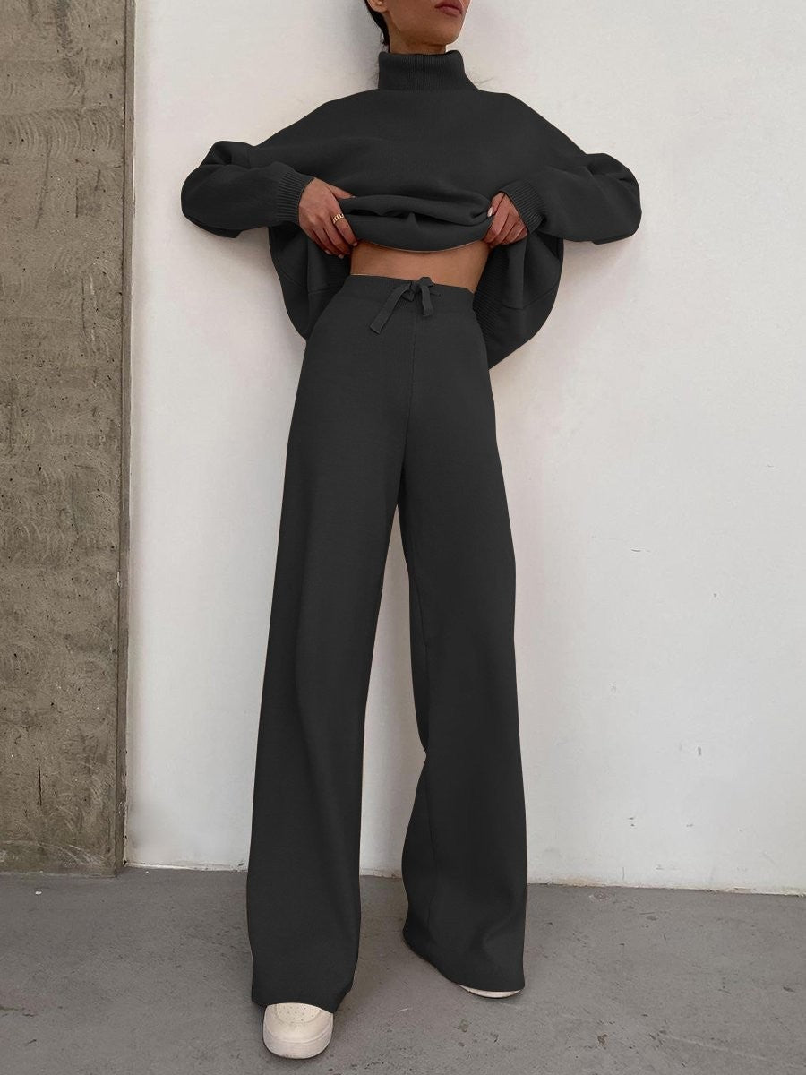Women Wide Knit Pants with High Waist, Drawstring, and Wide Leg Amarae