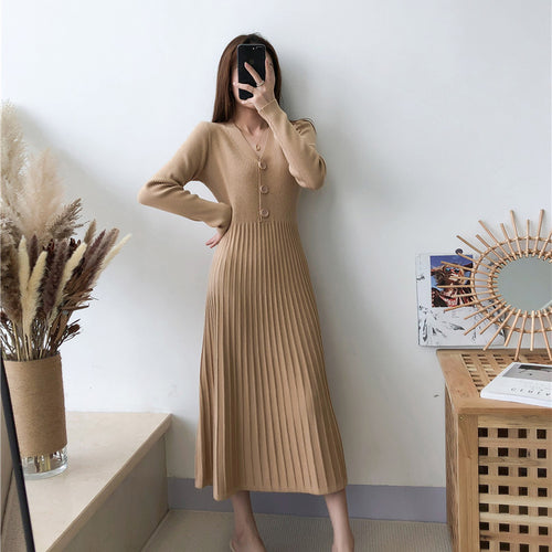 Knitted dress for women with V-neck and button details Amarae
