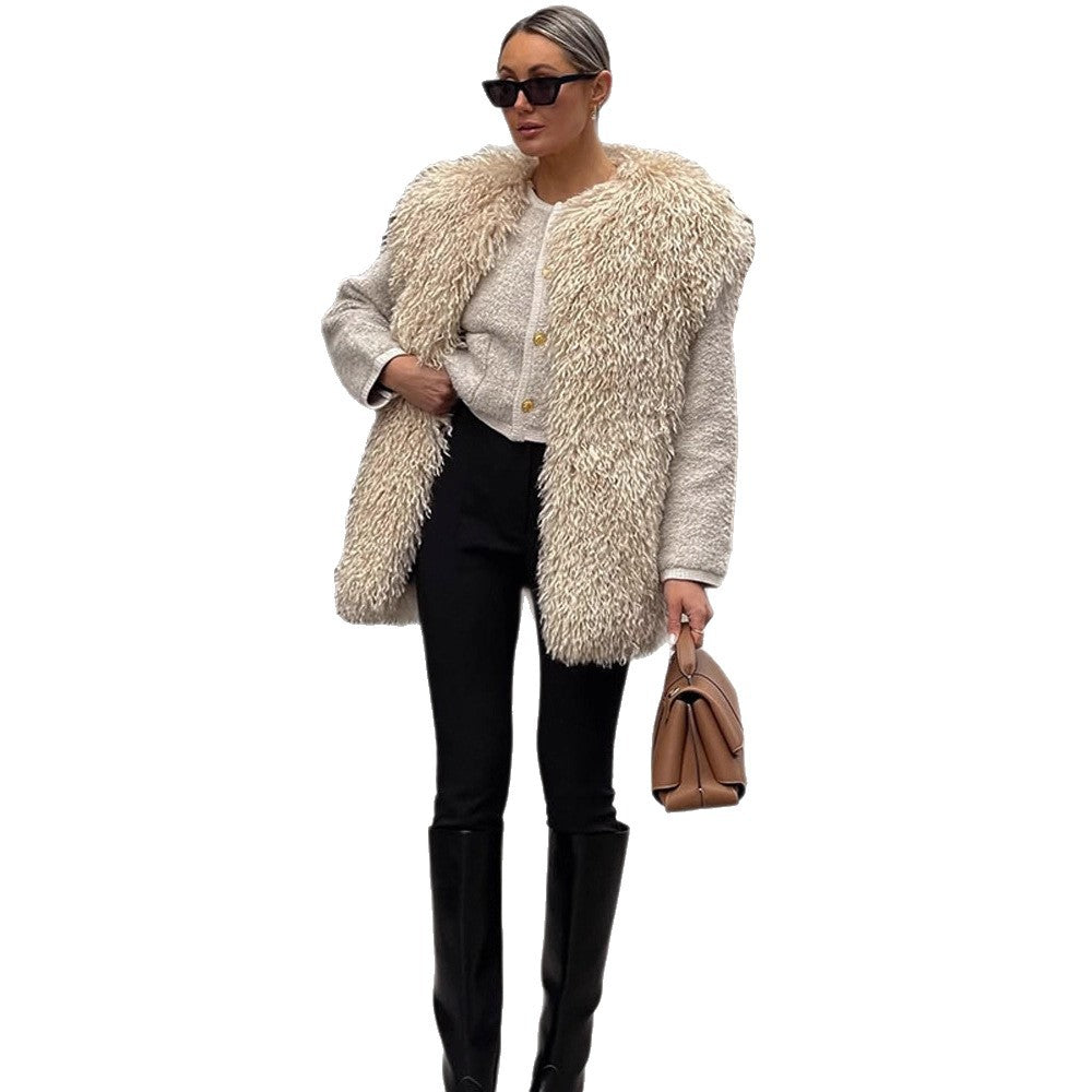 Women's Longer Cozy Faux Fur Vest with Shaggy Look and Front Pockets Amarae