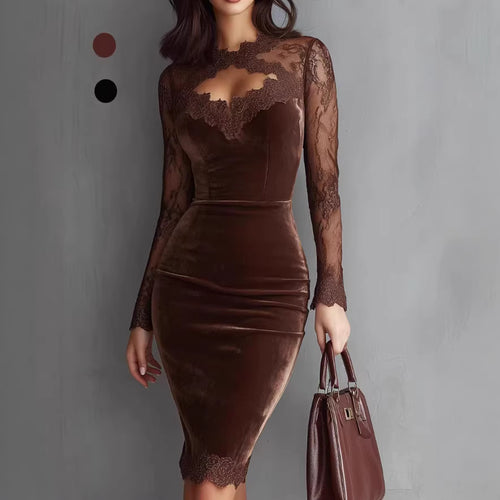 Ladies Elegant Velvet Dress with Lace Inserts and Tailored Cut Amarae