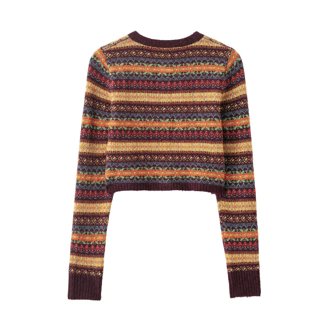 Women's Short-Cut Fair-Isle Cardigan with Round Neckline and Button Placket Amarae