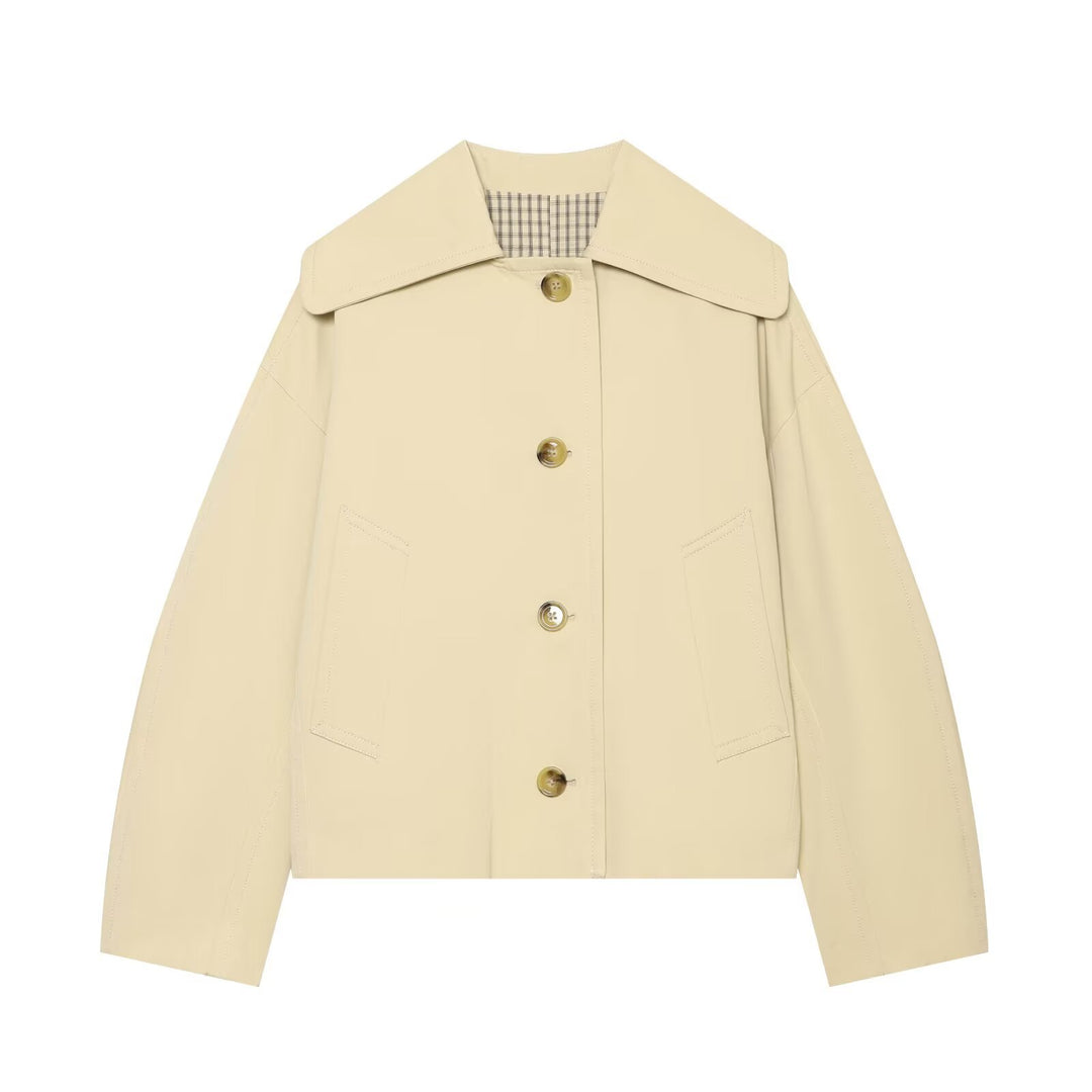 Women's Cropped Boxy Transitional Jacket with Large Shawl Collar and Patch Pockets Amarae