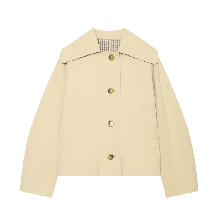 Women's Cropped Boxy Transitional Jacket with Large Shawl Collar and Patch Pockets Amarae