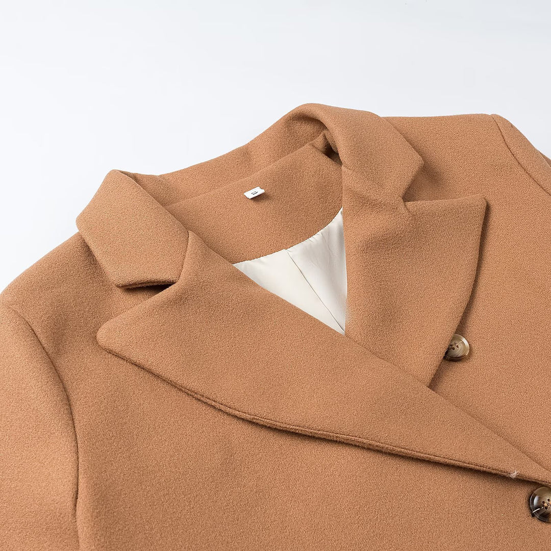 Women's Double-Breasted Long Coat with Wide Lapel Collar and Flap Pockets Amarae